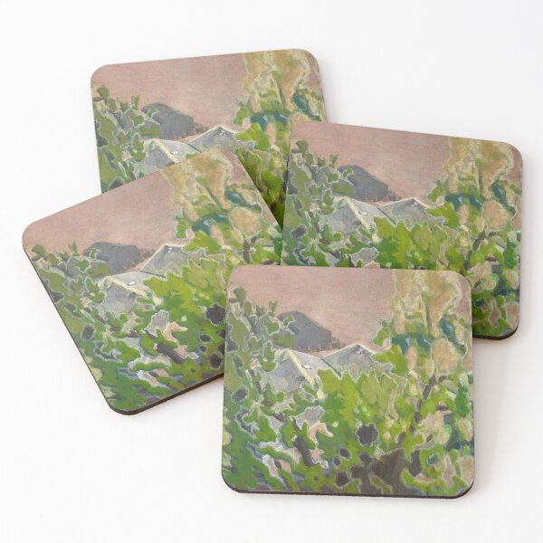Item preview, Rooftops Through Green Foliage Under a Pink Sky designed and sold by nassim_artisty.