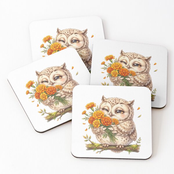 Item preview, Cute Baby Owl with Orange Marigold Bouquet designed and sold by StickVerse by Owais.