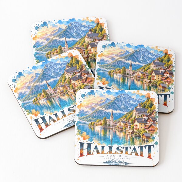 Item preview, Hallstatt Austria Watercolor Travel Art – Alpine Lake Village Vintage Souvenir designed and sold by DreamPaw Studio.
