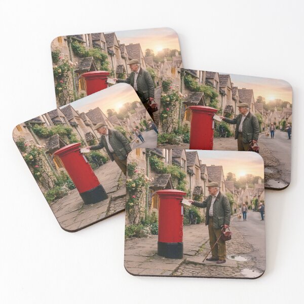 Item preview, English Village Dawn with Red Pillar Box and Historic Cottage Street designed and sold by TeeBeeDesigns.