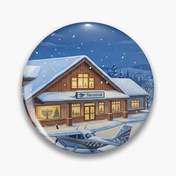 Item preview, Snowy Small Airport at Dusk – Cozy Hanukkah Lights in the Terminal designed and sold by EMaviation_.