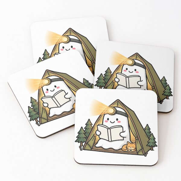 Item preview, Ghost Reading in a Tent, Cute Ghost with Headlamp Reading in a Tent with Sleeping Cat designed and sold by ElicitaDesign.