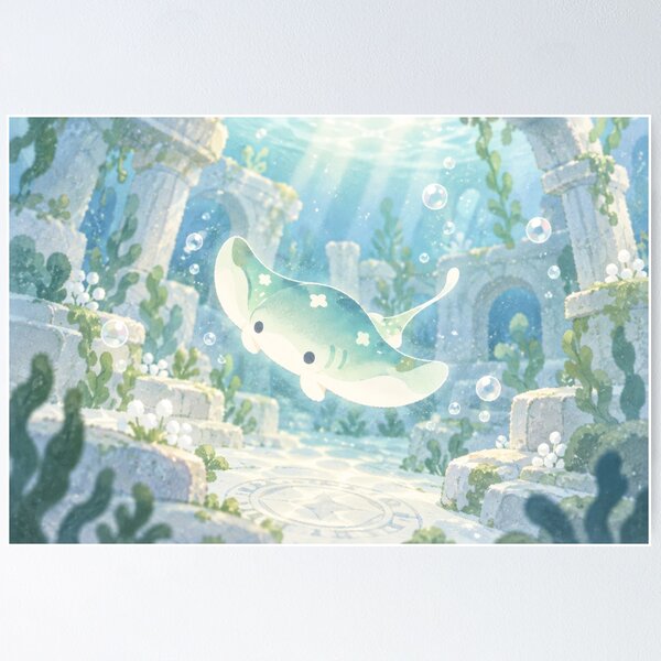 Item preview, Manta Ray Exploring Sunlit Underwater Stone Ruins designed and sold by AshiraCreations.