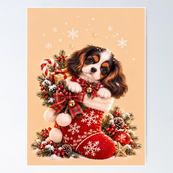 Item preview, Cavalier King Charles Spaniel Christmas Puppy in Stocking designed and sold by ManJiangHong.