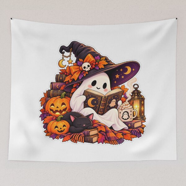 Item preview, Spooky Reading Ghost with Black Cat Halloween Sticker designed and sold by PaginaBrew.