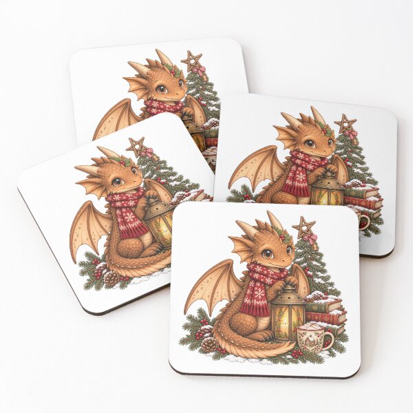 Item preview, Cozy Christmas Brown Dragon with Winter Lantern and Christmas Tree designed and sold by Hatchling Hollow.