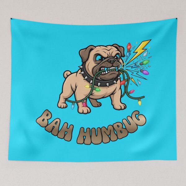 Item preview, Bah Humbug Pug Tangled in Christmas Lights designed and sold by ZeroContextArt.