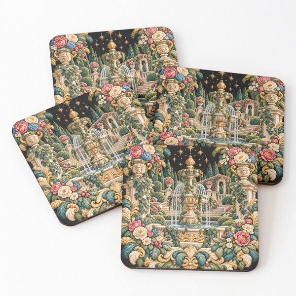 Item preview, Ornate Garden Fountain Embroidery – French Rococo Floral Tapestry Art with Golden Stars designed and sold by Emoji Emblems.