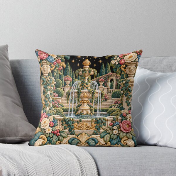 Item preview, Ornate Garden Fountain Embroidery – French Rococo Floral Tapestry Art with Golden Stars designed and sold by Emoji Emblems.