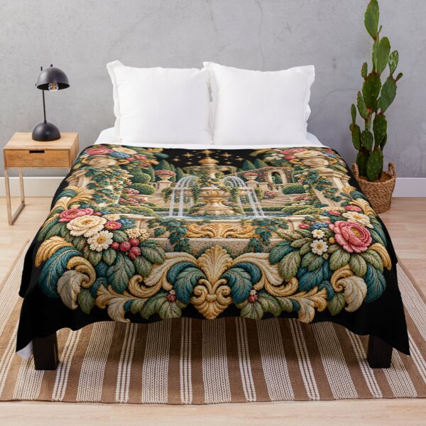 Item preview, Ornate Garden Fountain Embroidery – French Rococo Floral Tapestry Art with Golden Stars designed and sold by Emoji Emblems.