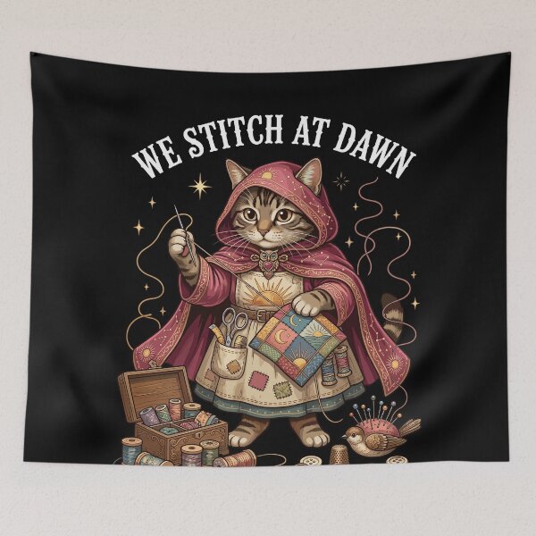 Item preview, We Stitch at Dawn - Fantasy Sewing Cat designed and sold by mareix.