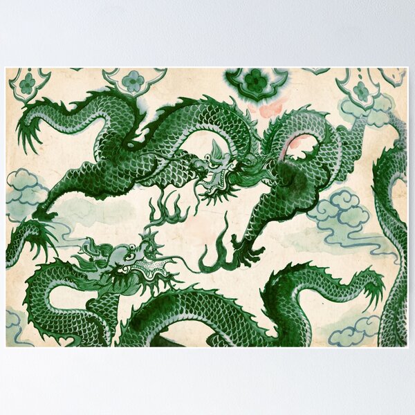 Item preview, Green Chinese Dragons Chinoiserie Watercolor designed and sold by Fani*.