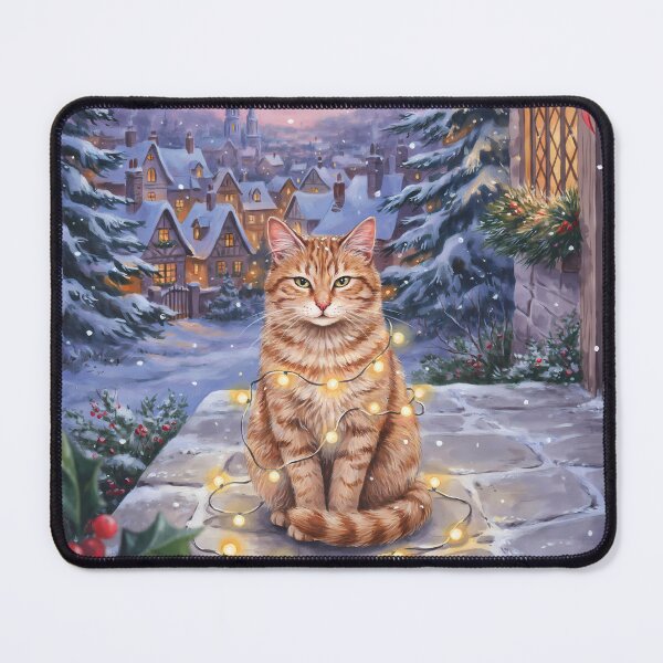 Item preview, Fluffy Cat With Christmas Lights Snowy Village Winter Card designed and sold by teeoro.