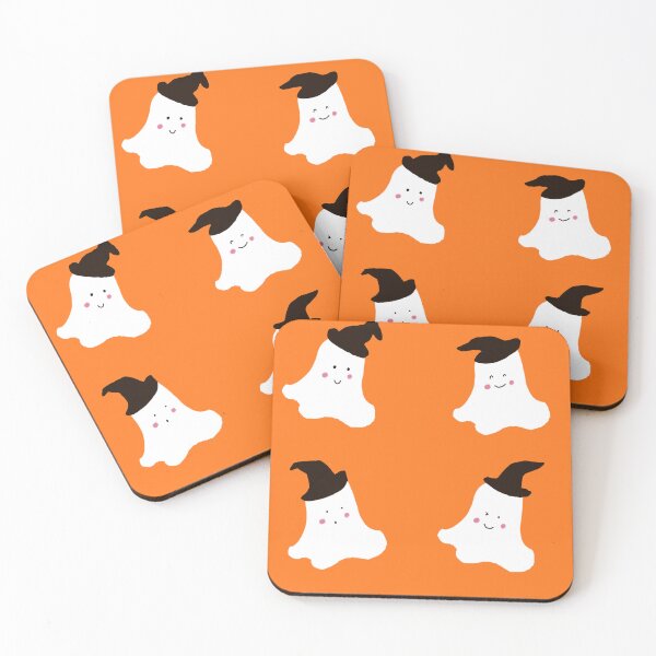 Item preview, Cute Shy Spooky Halloween Ghosts in Wizard Hat (Orange Background) designed and sold by Designs by Sara Felton.