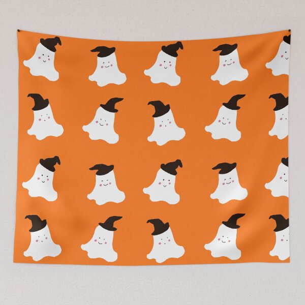 Item preview, Cute Shy Spooky Halloween Ghosts in Wizard Hat (Orange Background) designed and sold by Designs by Sara Felton.