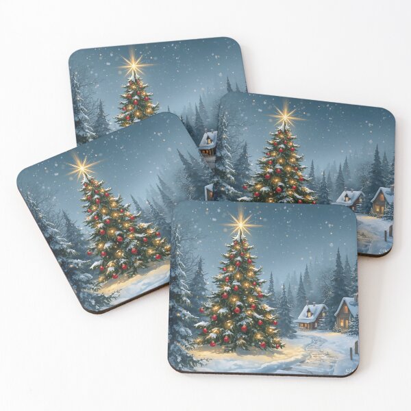 Item preview, Christmas magic in the snowy forest | Festive Christmas tree among winter cabins designed and sold by PicParadiz.