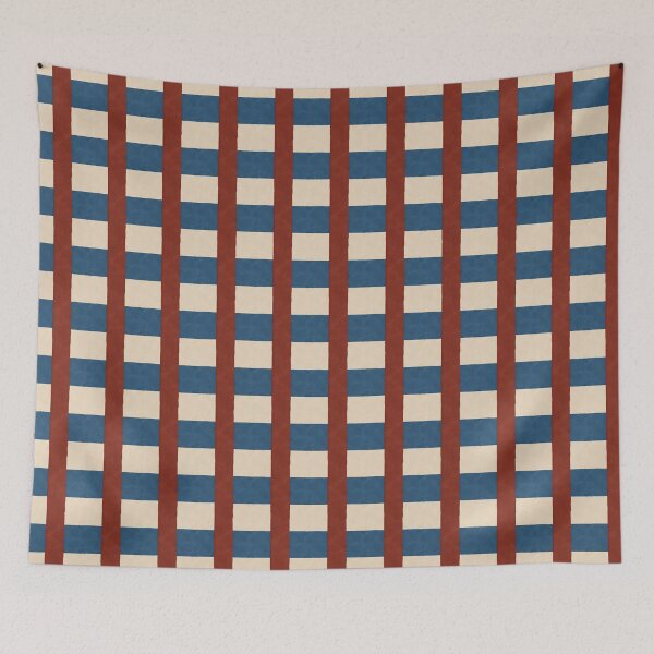 Item preview, Thin Striped Checkered block print - terracotta - indigo blue and beige  designed and sold by moteemade.