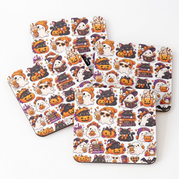 Item preview, Kawaii Halloween Mini Stickers – Cute Ghosts, Black Cats & Coffee designed and sold by PaginaBrew.