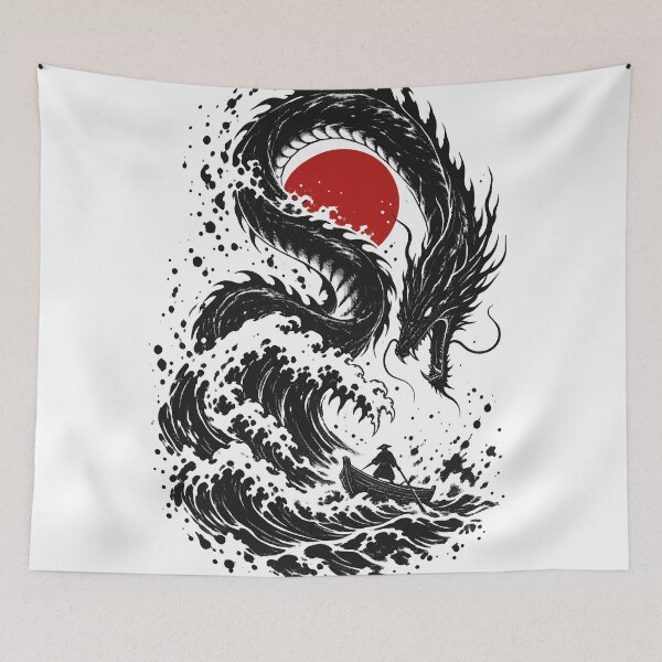 Item preview, Sea Serpent Dragon Great Wave Red Sun Ink Art designed and sold by codex401.