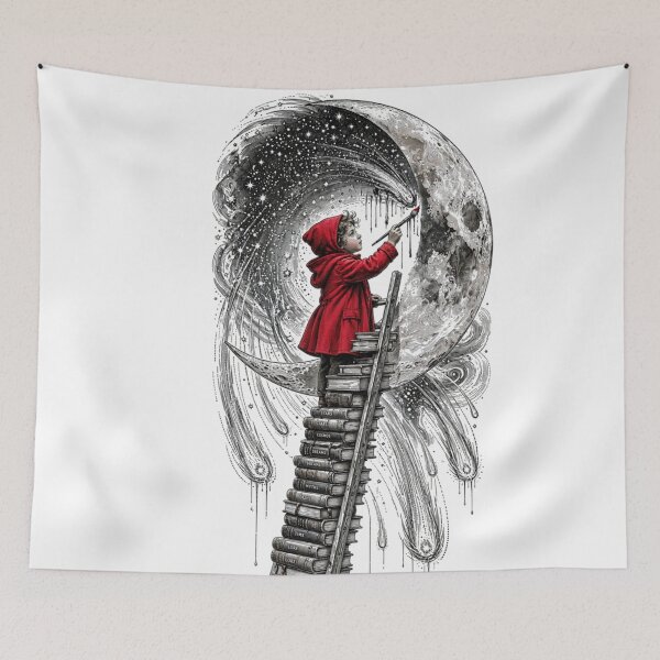 Item preview, Child Painting Moon and Stars Surreal Illustration designed and sold by  One City Two Children Studio.