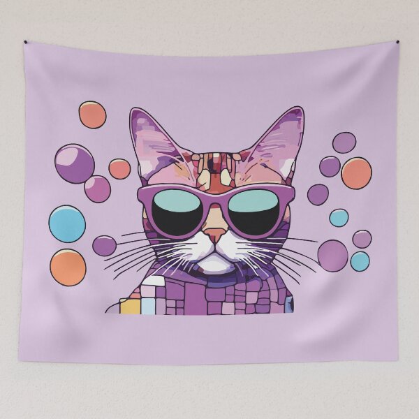 Item preview, Cool Mosaic Stained Glass Cat wCool Mosaic Cat with Purple Sunglasses & Bubbles, Modern Pop Art Felineith Sunglasses, Modern Feline Art geometric designed and sold by designmari.