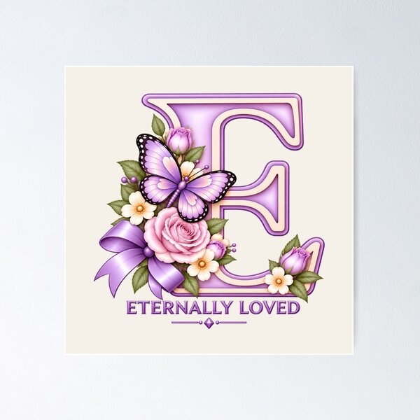 Item preview, Eternally Loved Letter E – Lavender Butterfly Christian Floral Monogram designed and sold by HO•Designs.