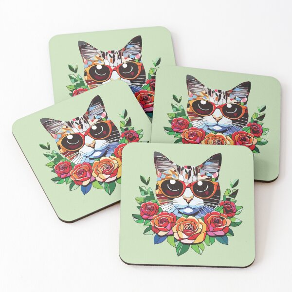 Item preview, Cool Mosaic Cat with Orange Sunglasses & Roses designed and sold by designmari.