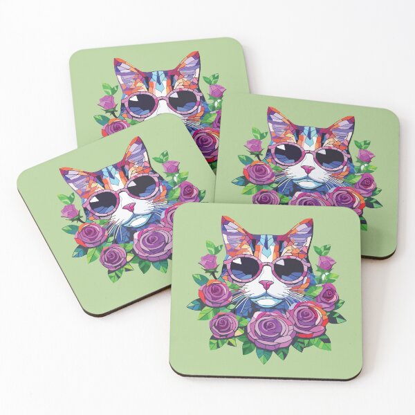 Item preview, Cool Mosaic Cat with Pink Sunglasses & Purple Roses, Floral Feline Art designed and sold by designmari.