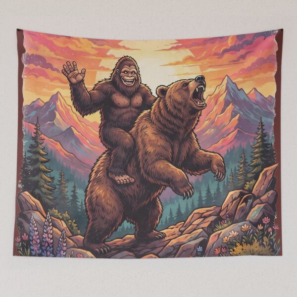 Item preview, Stay Wild Stay Weird Bigfoot Riding Bear Funny Outdoors designed and sold by FrozenFits.