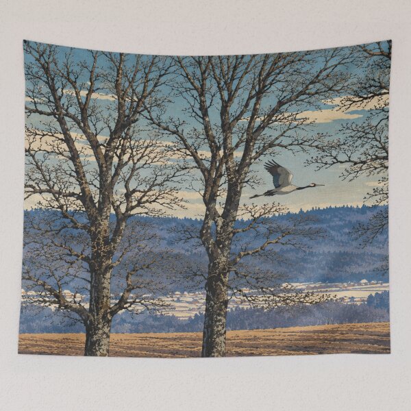 Item preview, Japanese Crane Flying Over Rural Winter Landscape Shin-hanga Woodblock Art designed and sold by BLUESKY11a.
