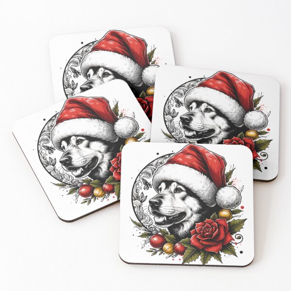 Item preview, Christmas Dog in Santa Hat with Red Rose and Holly designed and sold by Pattern Arbor .