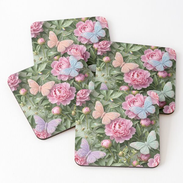 Item preview, Realistic Dewy Peonies And Glitter Butterflies designed and sold by wallpapersarts.