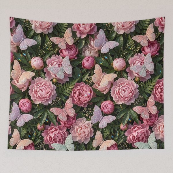 Item preview, Realistic Dewy Peonies And Glitter Butterflies designed and sold by wallpapersarts.
