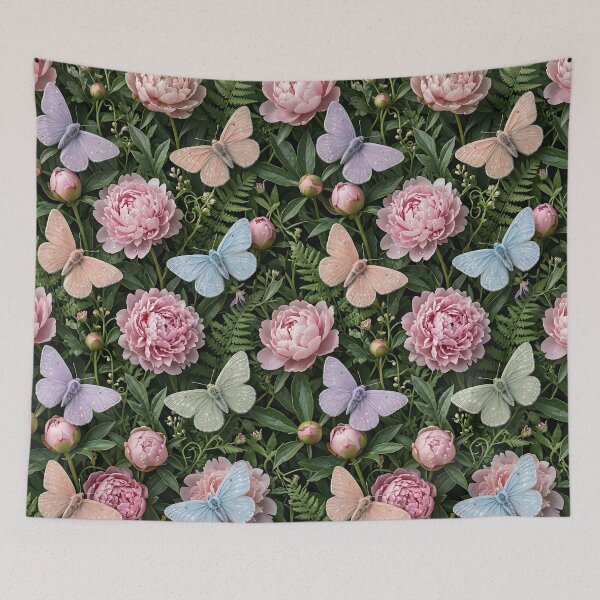 Item preview, Realistic Dewy Peonies And Glitter Butterflies designed and sold by wallpapersarts.