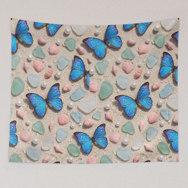 Item preview, Realistic Blue Butterfly Seashells Glitter Pattern designed and sold by wallpapersarts.