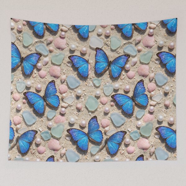 Item preview, Realistic Blue Butterfly Seashells Glitter Pattern designed and sold by wallpapersarts.