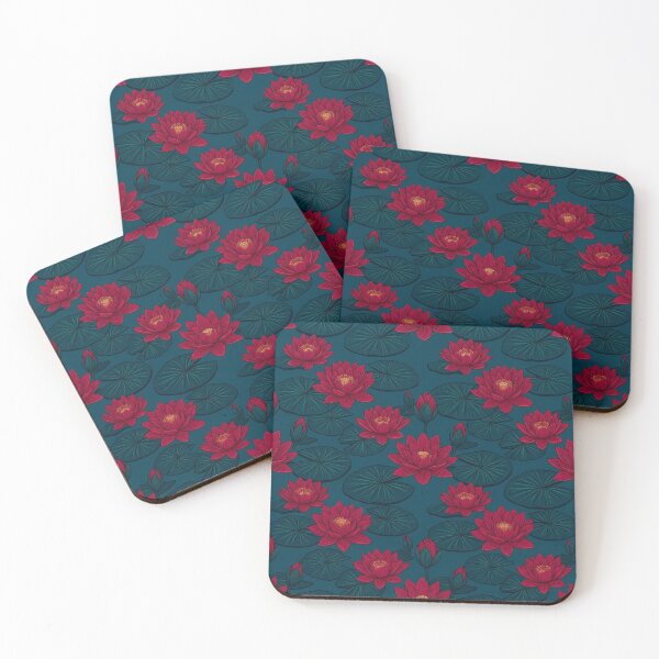 Item preview, Red Lotus Flowers Floating on Dark Teal Water designed and sold by Owcomm.