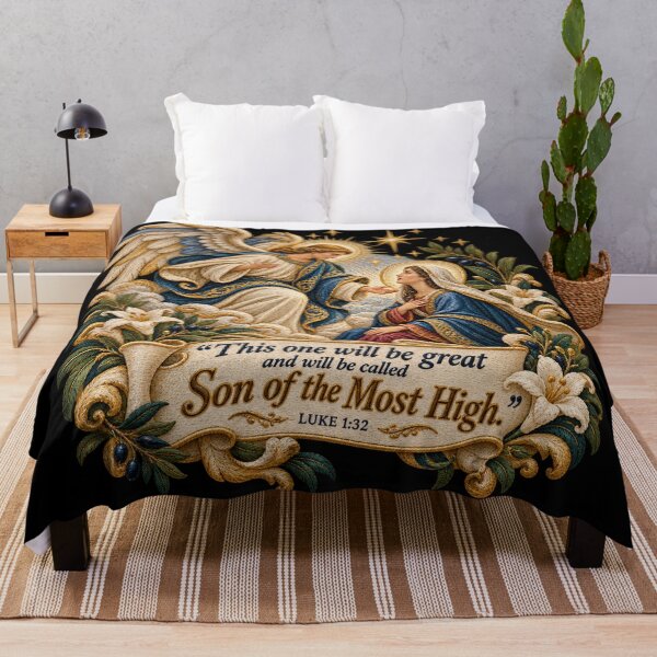 Item preview, Luke 1:32 Son of the Most High – Angel Gabriel and Mary Embroidered Bible Verse Art designed and sold by Emoji Emblems.