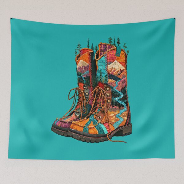 Item preview, Mountain Patchwork Boots Painted Forest River Landscape Illustration designed and sold by joannejgg.