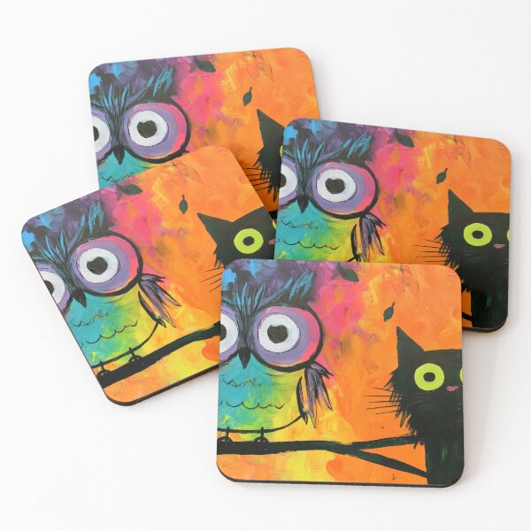 Item preview, Spooky Owl and Black Cat Halloween Art Vibrant Whimsical Animal Painting designed and sold by OlfactoART Studio.