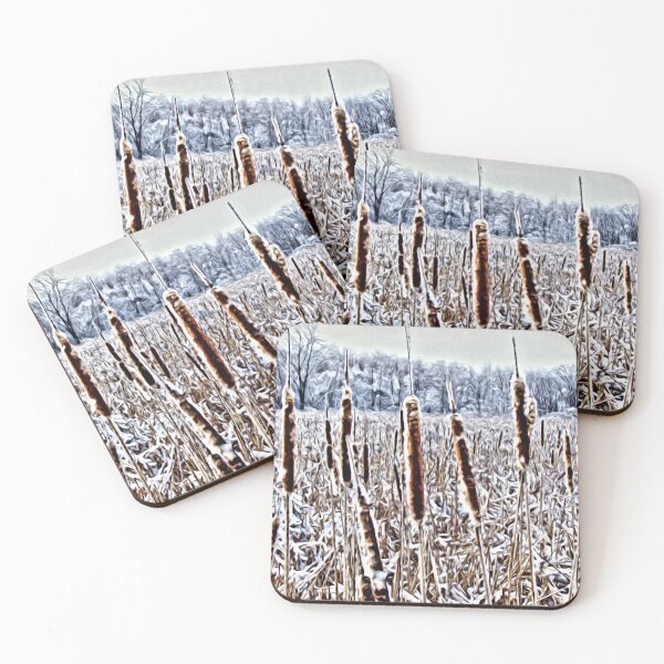 Item preview, Snow-Covered Cattails in Frozen Wetland – Winter Oil Painting designed and sold by celinebisson.