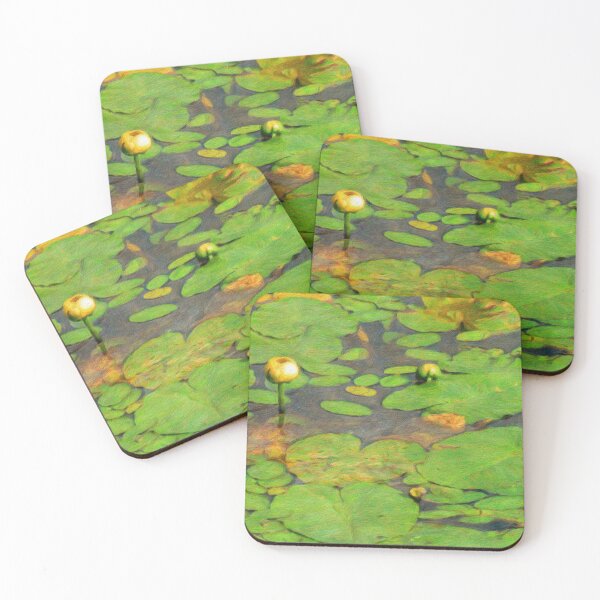 Item preview, Yellow Water Lily Buds and Green Floating Leaves on Pond – Oil Painting designed and sold by celinebisson.