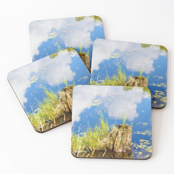 Item preview, Weathered Tree Stump in Reflective Pond with Blue Sky – Oil Painting designed and sold by celinebisson.