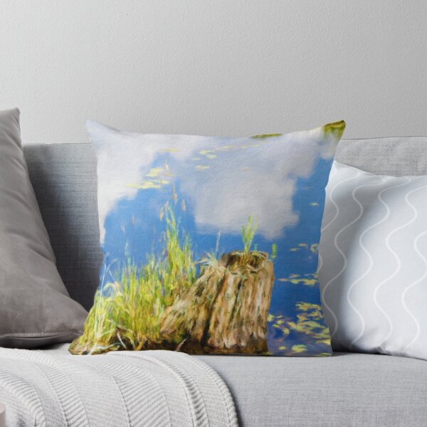 Item preview, Weathered Tree Stump in Reflective Pond with Blue Sky – Oil Painting designed and sold by celinebisson.