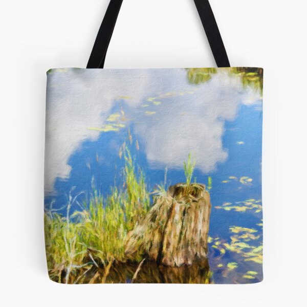 Item preview, Weathered Tree Stump in Reflective Pond with Blue Sky – Oil Painting designed and sold by celinebisson.
