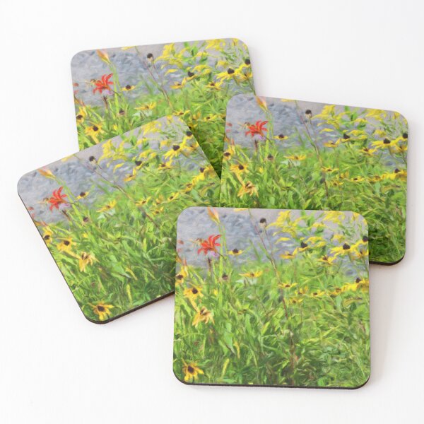 Item preview, Black-Eyed Susan Wildflowers and Red Daylilies – Impressionist Oil Painting designed and sold by celinebisson.