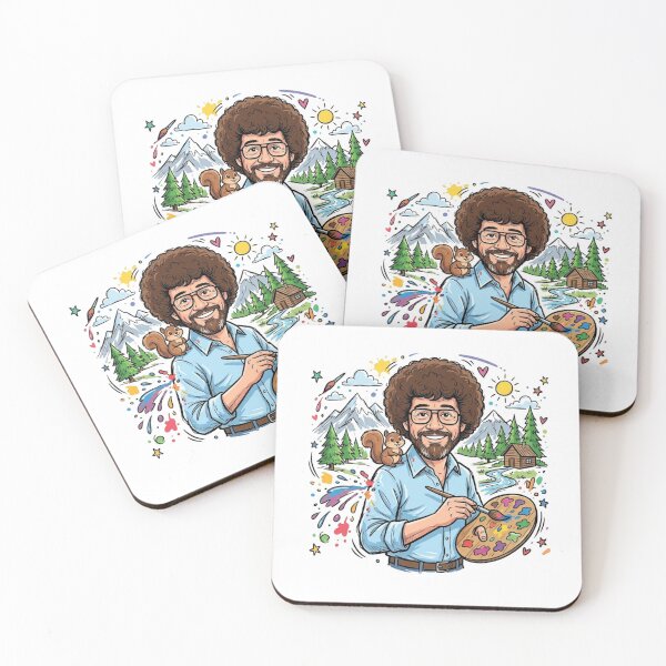 Item preview, Bob Ross Painter With Squirrel - Colorful Mountain Cabin designed and sold by Karamram Studio.