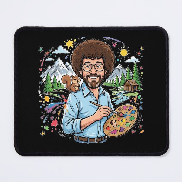 Item preview, Bob Ross Painter With Squirrel - Colorful Mountain Cabin designed and sold by Karamram Studio.