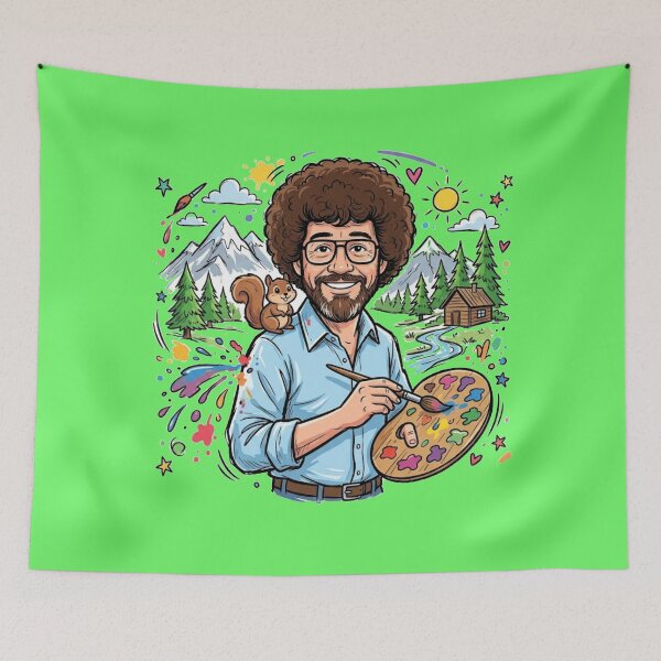 Item preview, Bob Ross Painter With Squirrel - Colorful Mountain Cabin designed and sold by Karamram Studio.