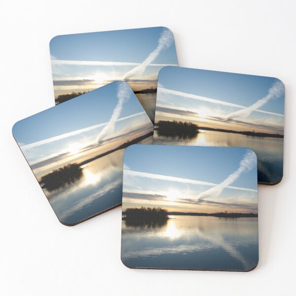 Item preview, Sunset Over Calm Lake with Airplane Contrails Crossing the Evening Sky designed and sold by celinebisson.